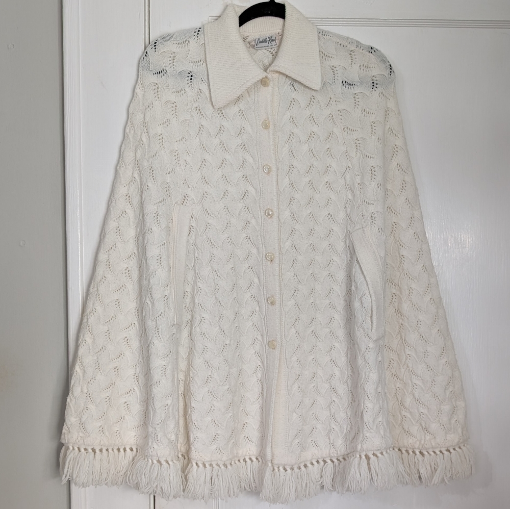 Cuddle Knit Ivory Open-Knit Fringe Cape Poncho Cardigan One Size